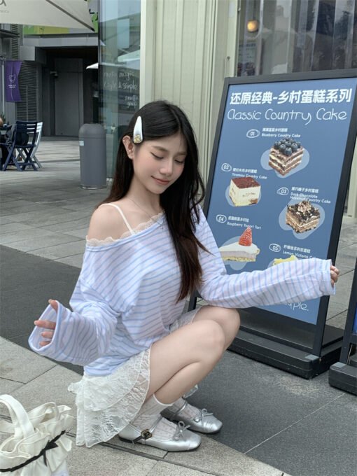 Vapetix S-XL  Photographed Real Off-the-Shoulder Striped T-Shirt for Women Summer Korean Style Lazy Wind Loose Sl – Bild 3