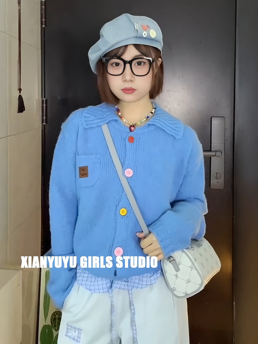 Vapetix Free Size-Free Size Korean-style early autumn atmosphere wear green lapel button knitted cardigan women's loose outerwe – Bild 2