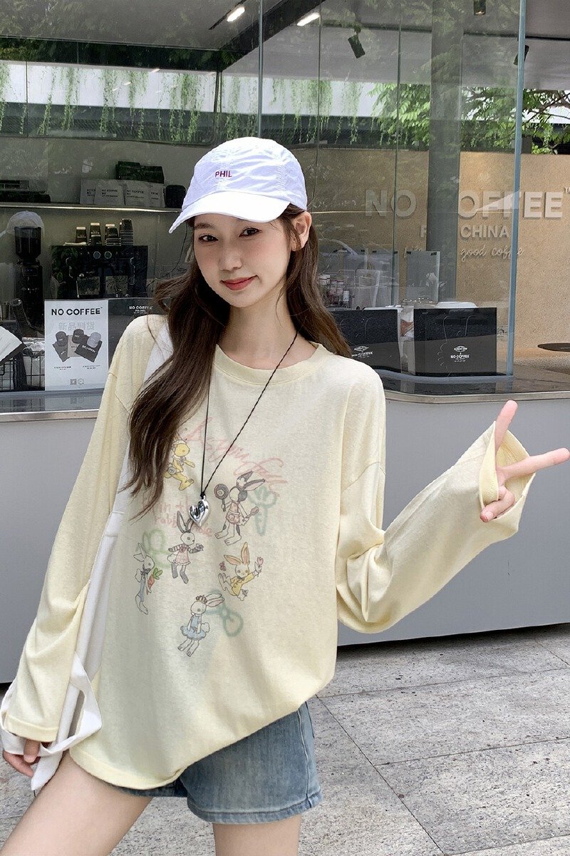 Vapetix Free Size-Free Size Photographed yellow round neck cartoon sun protection jacket t-shirt long sleeve women's summer new