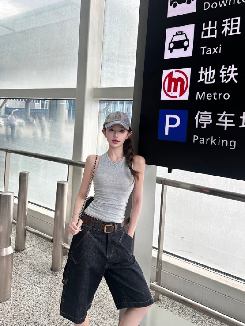 Vapetix S-XL Real shot! Elastic knitted waist-tightening cropped vest top women's loose straight-leg high-waiste