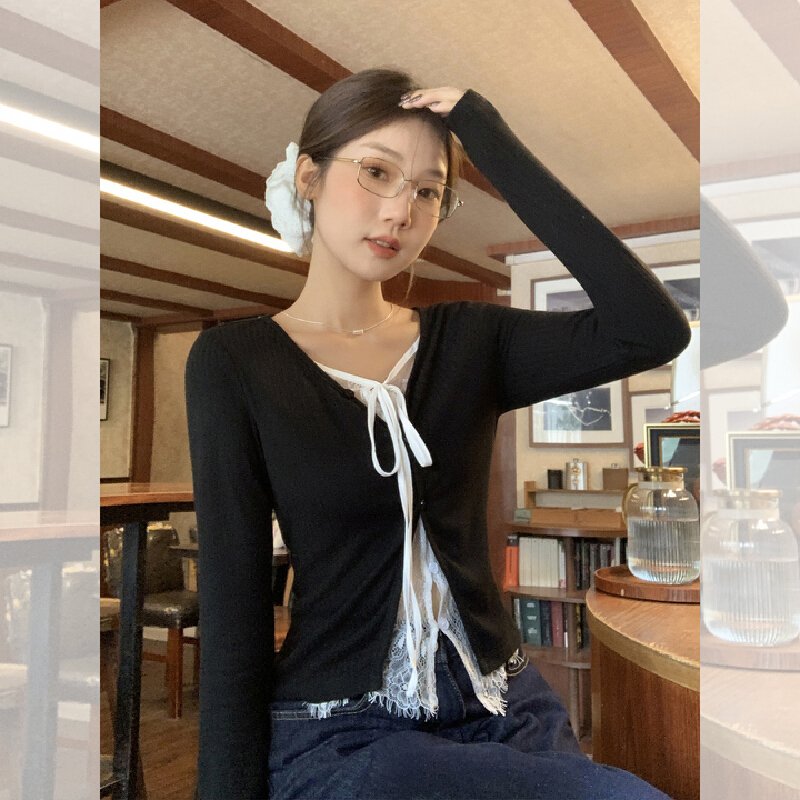 Vapetix S-L Real shot black lace spliced strap faux two-piece contrasting color t-shirt women's autumn slimming – Bild 2