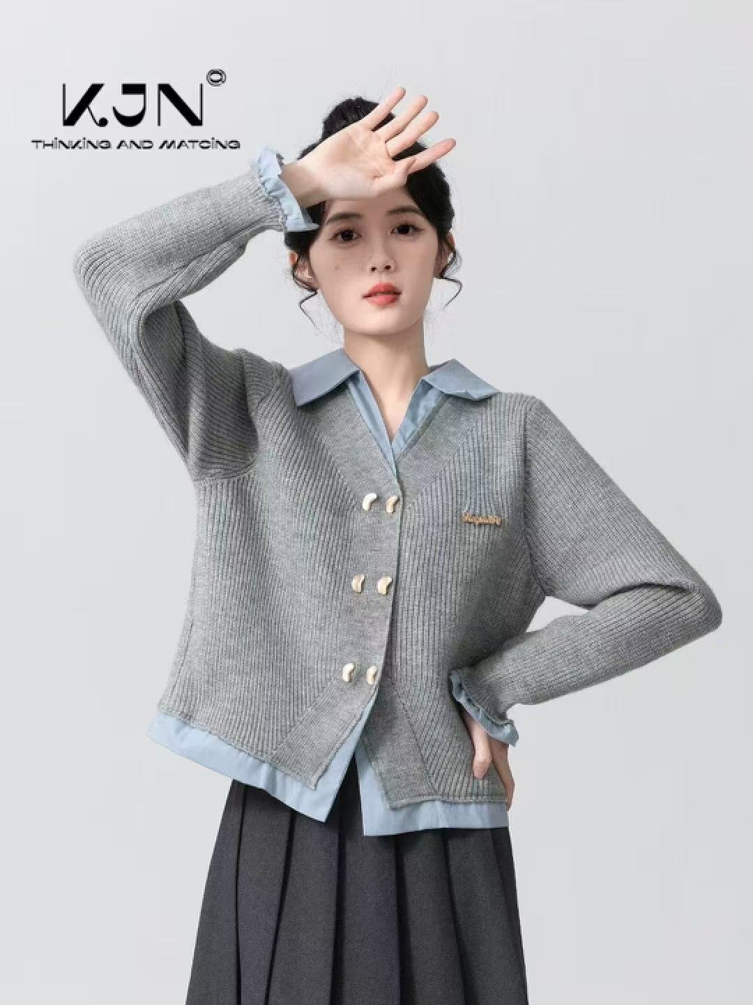 Vapetix Free Size-Free Size Women's Spring 2025 New College Style Splicing Knit Cardigan Outerwear Short-Sleeve Top with Pique – Bild 3