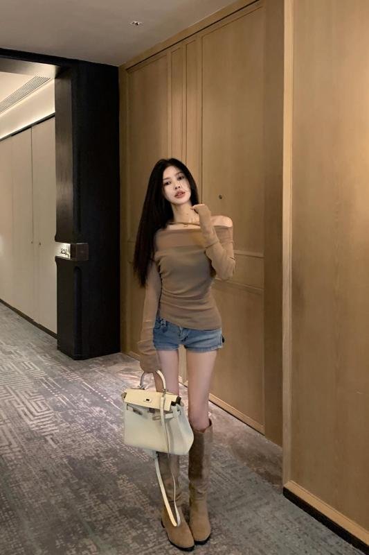 Vapetix S-M Real shot~Pure Desire Slim Hot Girl One Shoulder Long Sleeve Blouse T-shirt Top Tube Bra and Two-pi - 图片 2