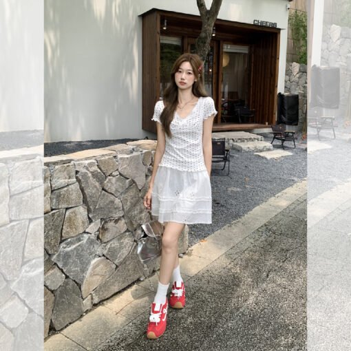 Vapetix S-L  Real-shot Korean-style sweet and spicy outfit with lace-trimmed polka dot short-sleeved T-shirt for – Bild 2