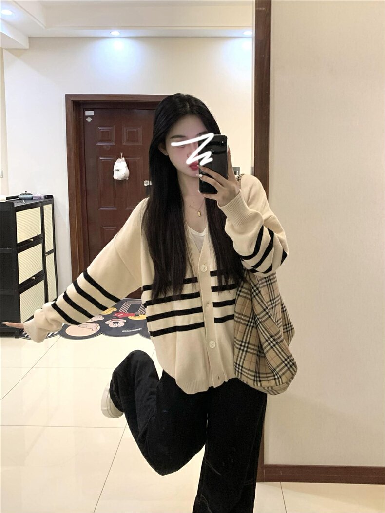Vapetix S-XL Lazily styled, high-end striped knit sweater coat for women, suitable for autumn and winter, early – Bild 2