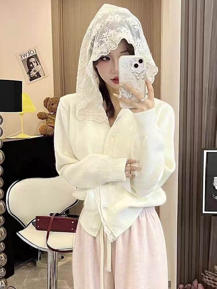 Vapetix Free Size-Free Size Korean-style lace patchwork button hooded cardigan women's spring and autumn lazy loose soft yarn t – Bild 3