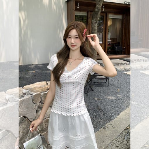 Vapetix S-L  Real-shot Korean-style sweet and spicy outfit with lace-trimmed polka dot short-sleeved T-shirt for – Bild 4