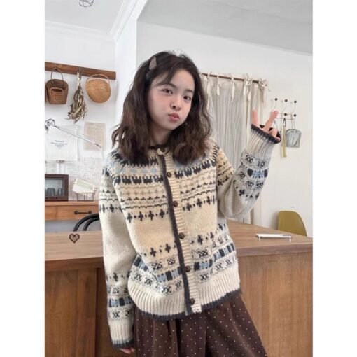 Vapetix Free Size-Free Size  Vintage Jacquard Crew Neck Knitted Cardigan Women's Autumn/Winter Thickened Single-Breasted Loose F – Bild 2