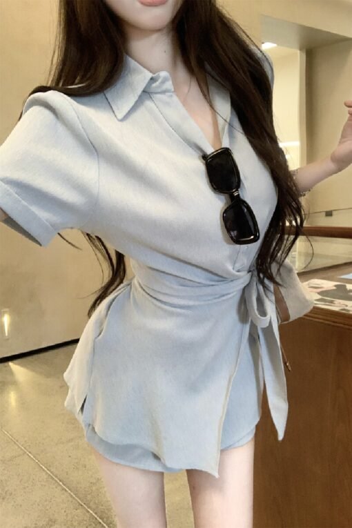 Vapetix S-M  Real shot ~ Designer style, elegant, lapel, strap, cinched waist blouse dress, commuting high-waist – Bild 4