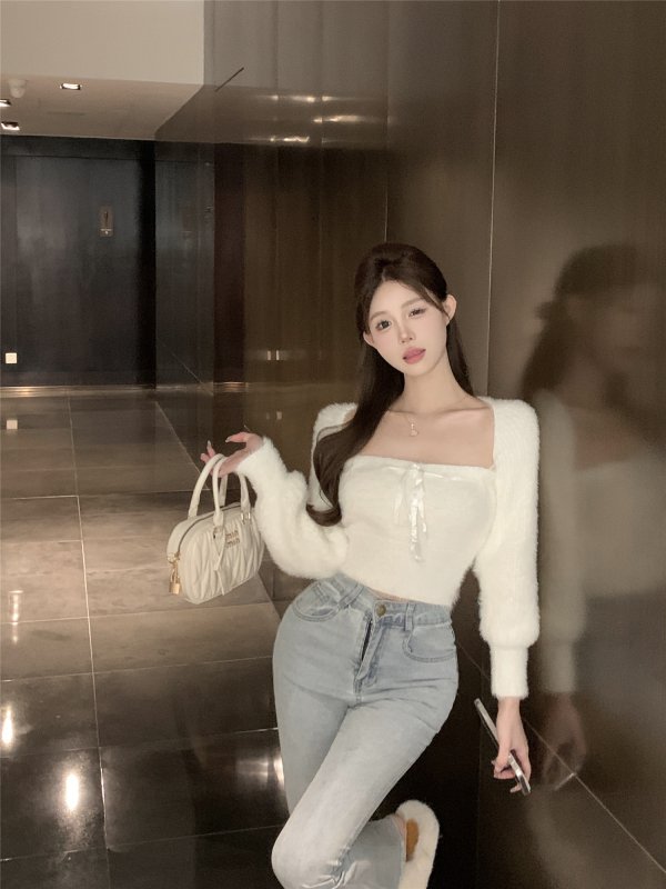 Vapetix One size fits all-One size fits all Real shot~Sweet bubble plush sweater set, sweet and spicy strappy vest + cardigan two-piece set