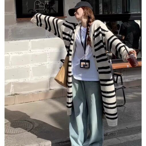 Vapetix Free Size-Free Size  Korean-style striped medium-length cardigan outerwear for women, autumn and winter casual style, un – Bild 4