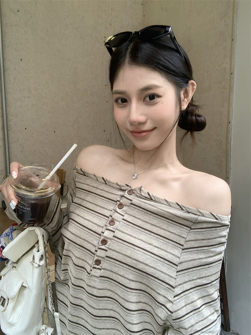 Vapetix S-XL Authentic tie-up striped off-shoulder long sleeve slimming loose-fitting T-shirt with a stylish one