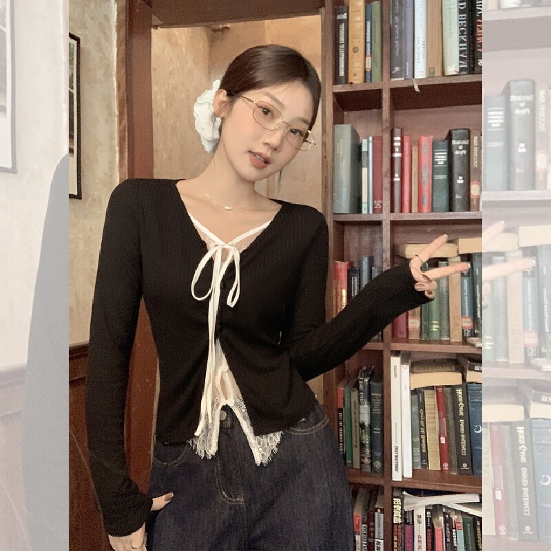 Vapetix S-L Real shot black lace spliced strap faux two-piece contrasting color t-shirt women's autumn slimming – Bild 4