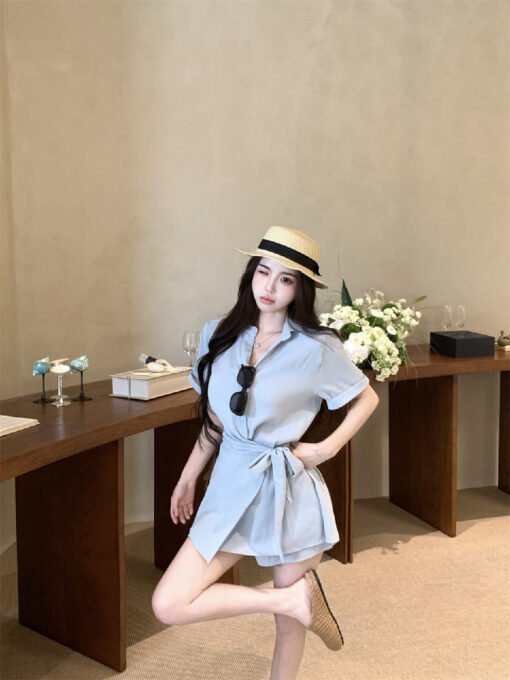 Vapetix S-M  Real shot ~ Designer style, elegant, lapel, strap, cinched waist blouse dress, commuting high-waist – Bild 5