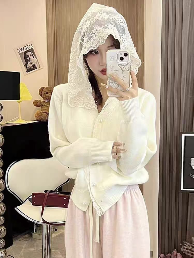 Vapetix Free Size-Free Size Korean-style lace patchwork button hooded cardigan women's spring and autumn lazy loose soft yarn t – Bild 4