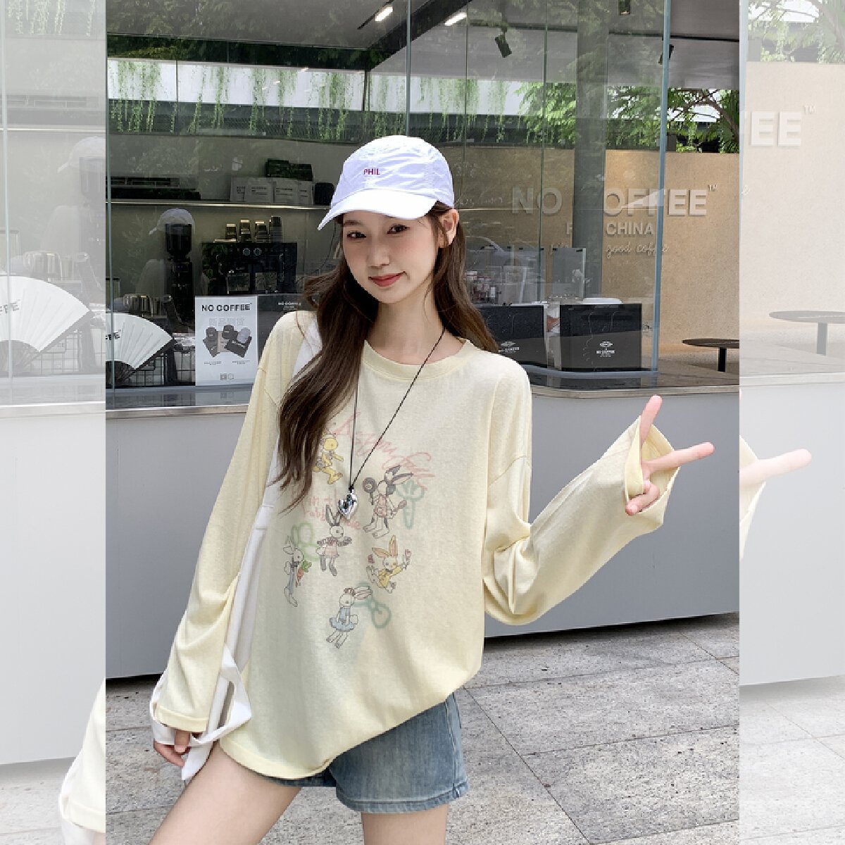 Vapetix Free Size-Free Size Photographed yellow round neck cartoon sun protection jacket t-shirt long sleeve women's summer new – Bild 3