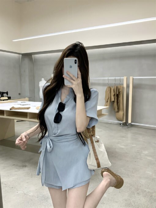 Vapetix S-M  Real shot ~ Designer style, elegant, lapel, strap, cinched waist blouse dress, commuting high-waist – Bild 6