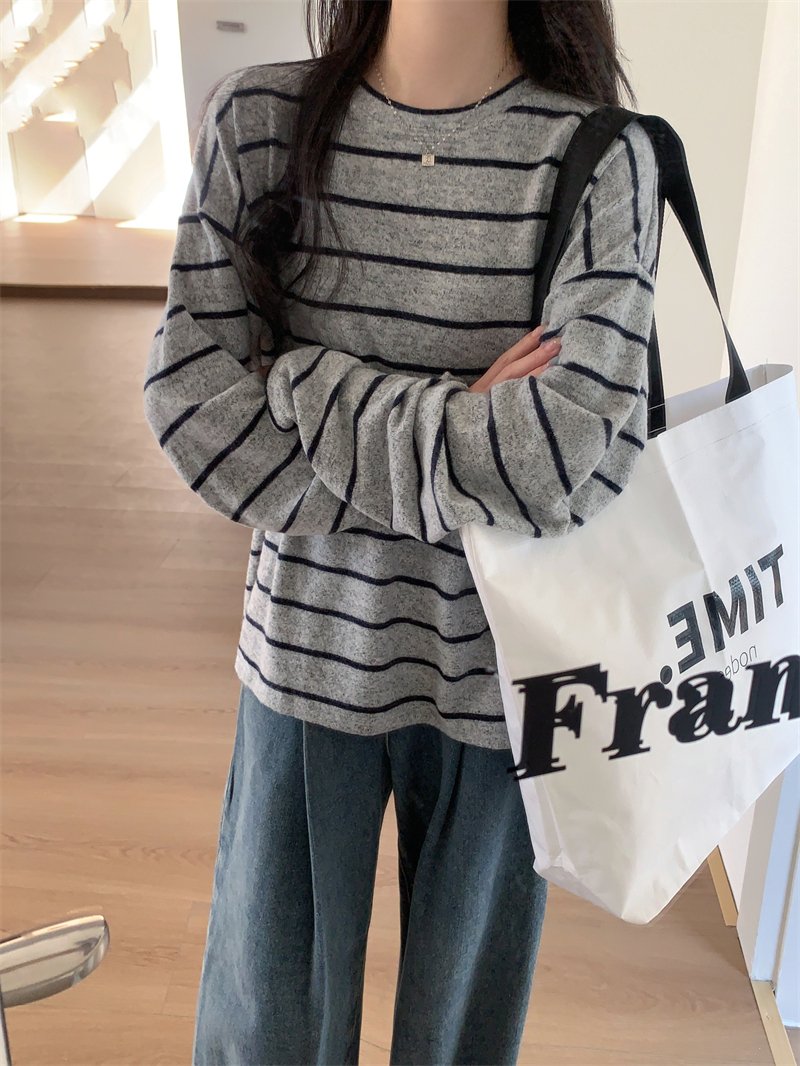 Vapetix S-XL Real shot Real price Striped long-sleeved T-shirt with women's lazy style loose thickened base shir