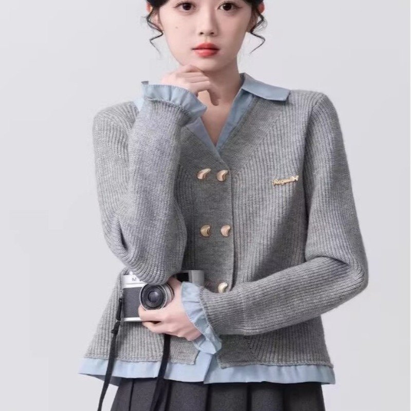 Vapetix Free Size-Free Size Women's Spring 2025 New College Style Splicing Knit Cardigan Outerwear Short-Sleeve Top with Pique – Bild 4