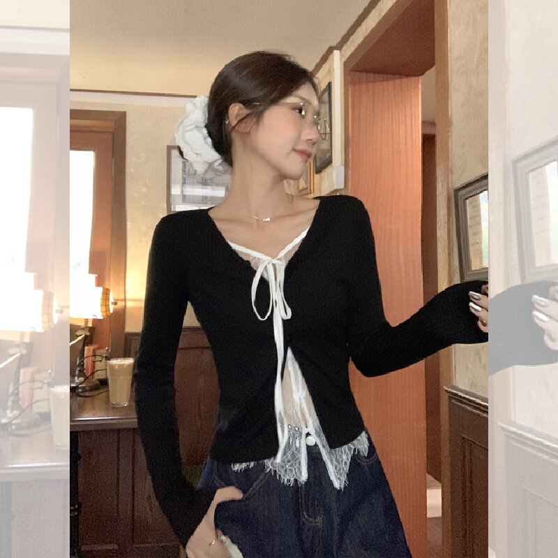 Vapetix S-L Real shot black lace spliced strap faux two-piece contrasting color t-shirt women's autumn slimming – Bild 5