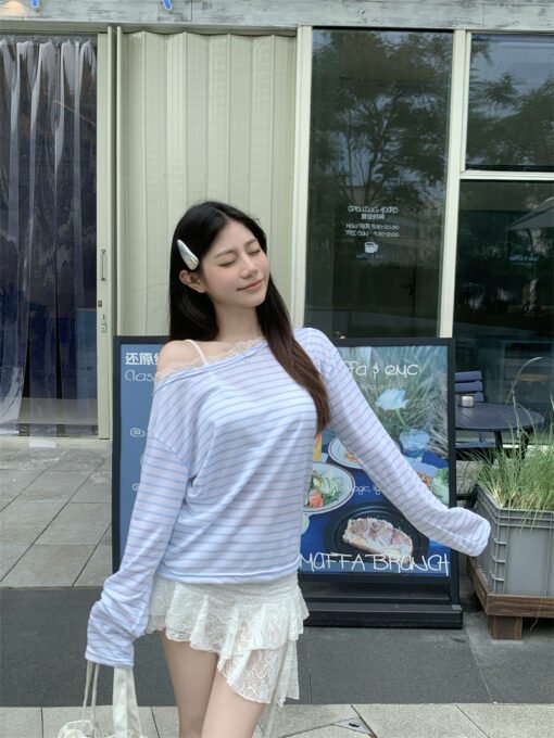 Vapetix S-XL  Photographed Real Off-the-Shoulder Striped T-Shirt for Women Summer Korean Style Lazy Wind Loose Sl – Bild 4