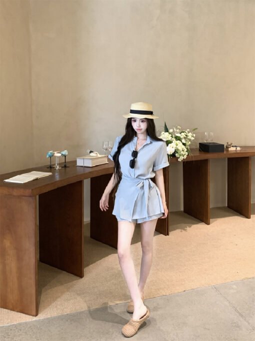 Vapetix S-M  Real shot ~ Designer style, elegant, lapel, strap, cinched waist blouse dress, commuting high-waist – Bild 7