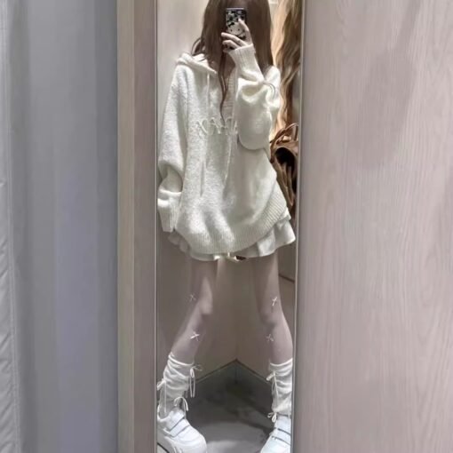 Vapetix Free Size-Free Size  American Retro Off-White Hooded Knit Sweater for Women - New Arrival Fall/Winter Small Figure Loose – Bild 4