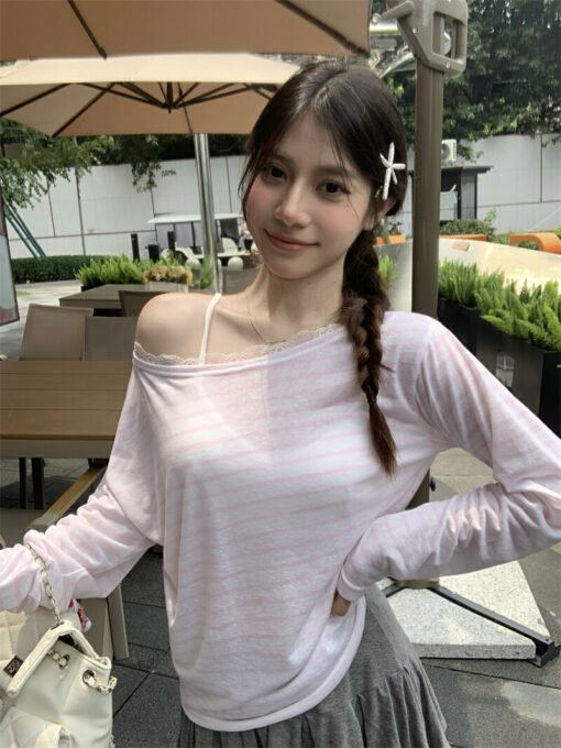 Vapetix S-XL  Photographed Real Off-the-Shoulder Striped T-Shirt for Women Summer Korean Style Lazy Wind Loose Sl – Bild 5