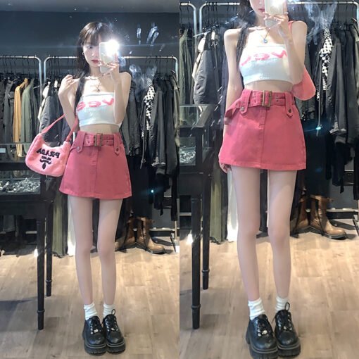 Vapetix S-XL  Real shot of hot girl American denim skirt female design slimming belt A-line anti-exposure shorts – Bild 7
