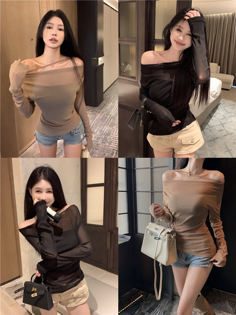 Vapetix S-M Real shot~Pure Desire Slim Hot Girl One Shoulder Long Sleeve Blouse T-shirt Top Tube Bra and Two-pi - 图片 3