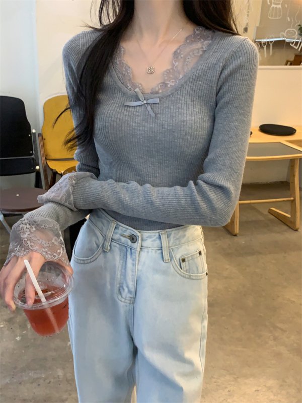 Vapetix Free Size-Free Size Photographed Real Early Autumn New Lace Splicing Long Sleeve Knit Top Base Layer Top Women - 图片 2