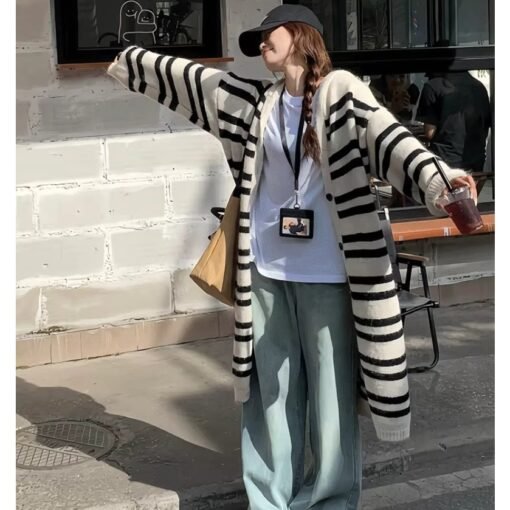 Vapetix Free Size-Free Size  Korean-style striped medium-length cardigan outerwear for women, autumn and winter casual style, un – Bild 5