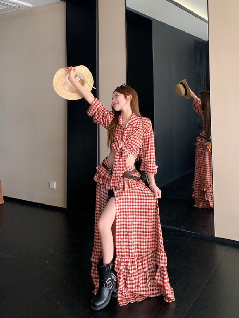 Vapetix S-L Women's Fall 2025 Retro Hot Girl Red Plaid Dress with Vacation Style – Bild 3
