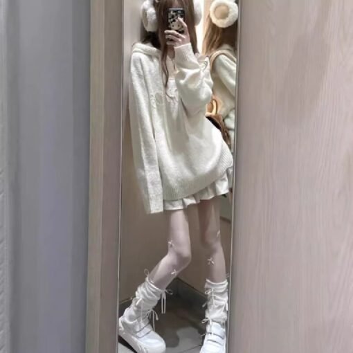 Vapetix Free Size-Free Size  American Retro Off-White Hooded Knit Sweater for Women - New Arrival Fall/Winter Small Figure Loose – Bild 5