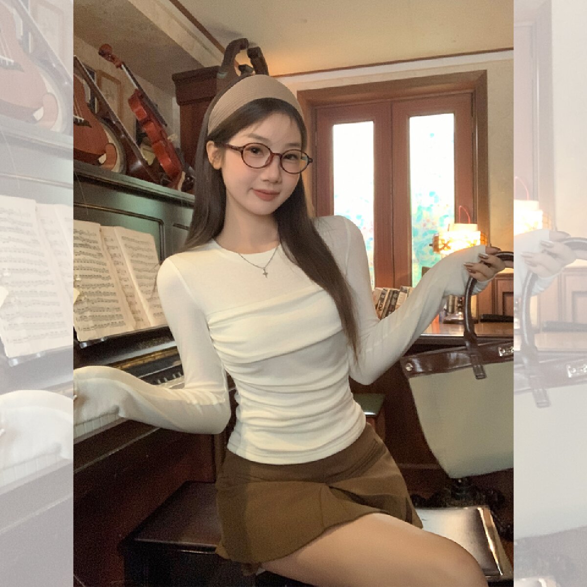 Vapetix S-L Women's Autumn New Square Collar Long Sleeve T-Shirt with Pouch and Slimming Design - 图片 3