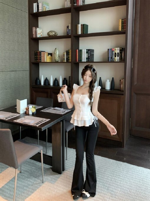 Vapetix S-L  Real shot ~ small flared sleeve tie-waist ruffled shirt top + high-waisted slimming hip-enhancing y – Bild 4