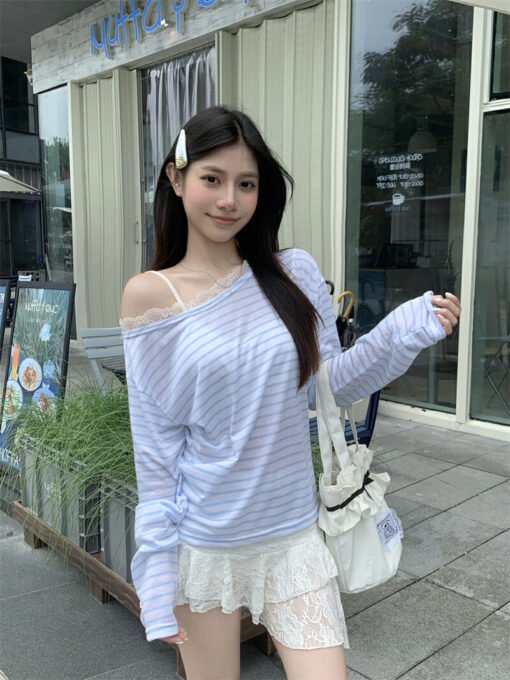 Vapetix S-XL  Photographed Real Off-the-Shoulder Striped T-Shirt for Women Summer Korean Style Lazy Wind Loose Sl – Bild 6