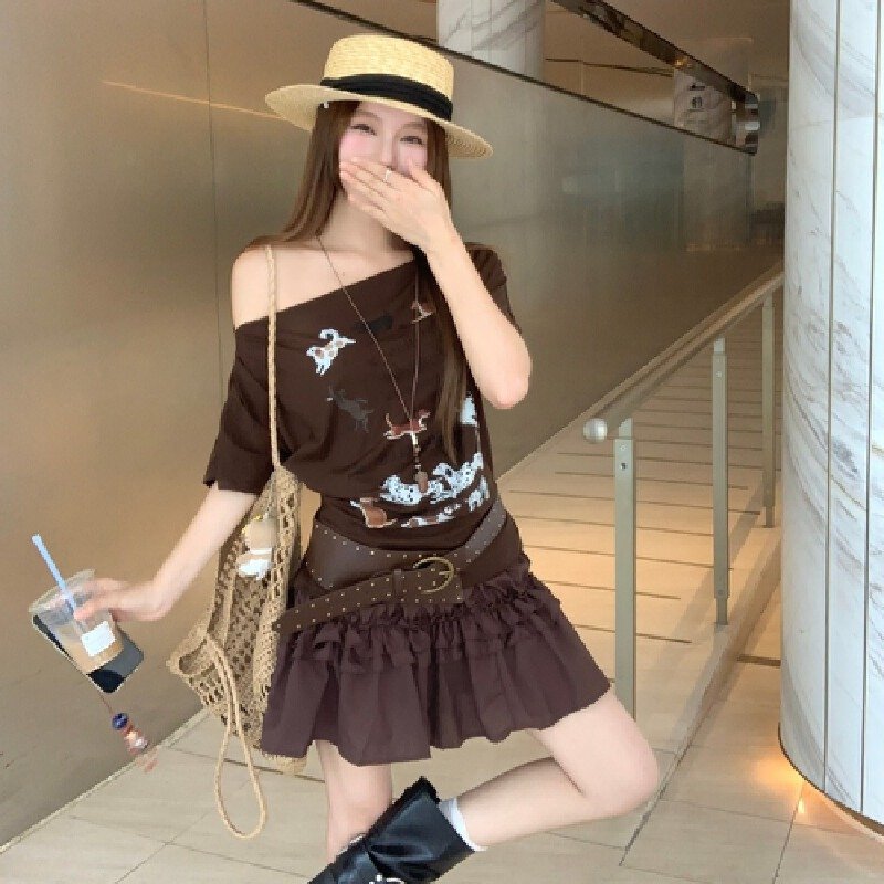 Vapetix S-L Photographed Maillard-style small dog print pleated short-sleeved T-shirt with chiffon layered flor – Bild 2