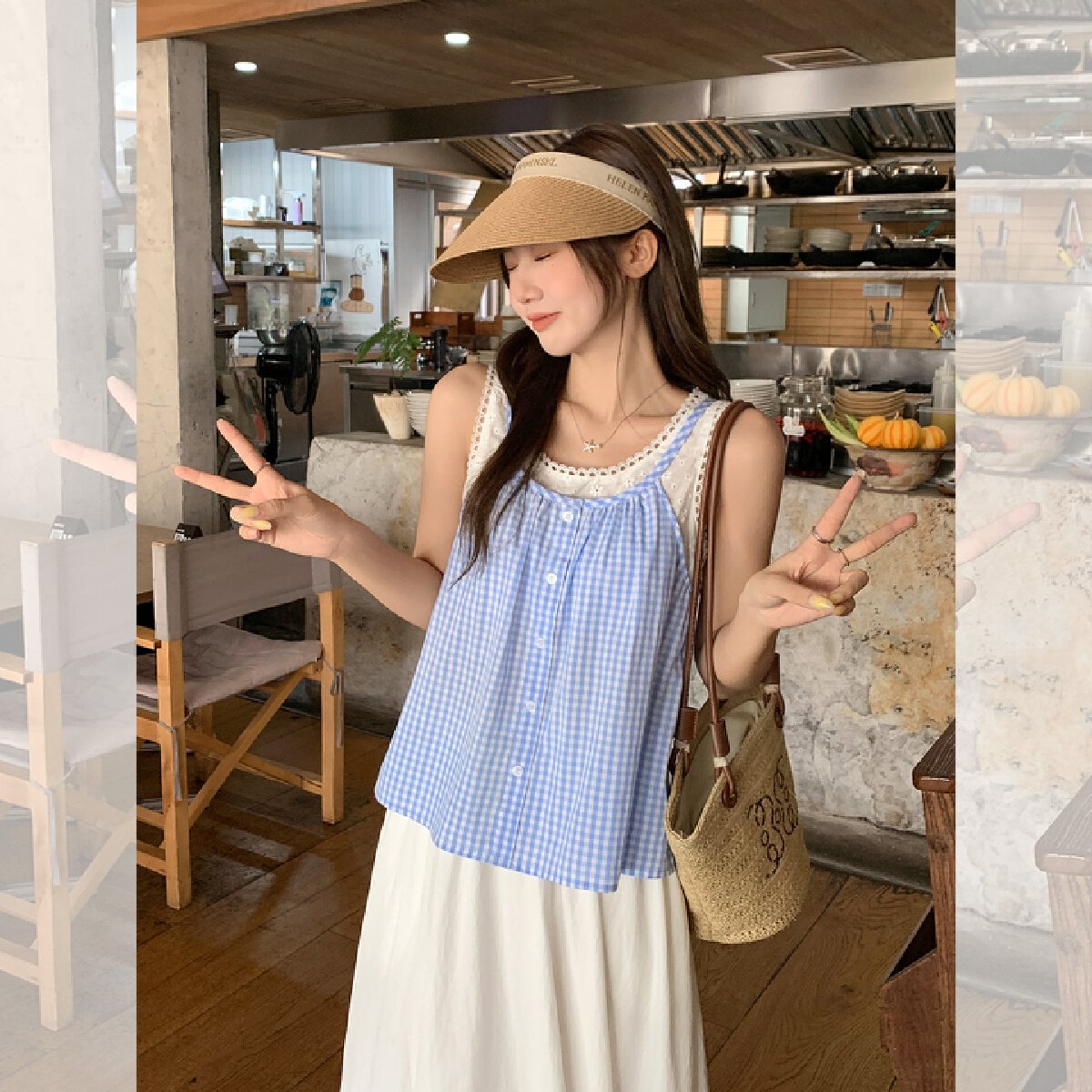 Vapetix S-L Actual shot 2025 seaside outfit blue checkered tank top women's summer two-piece sleeveless outerwe - 图片 4