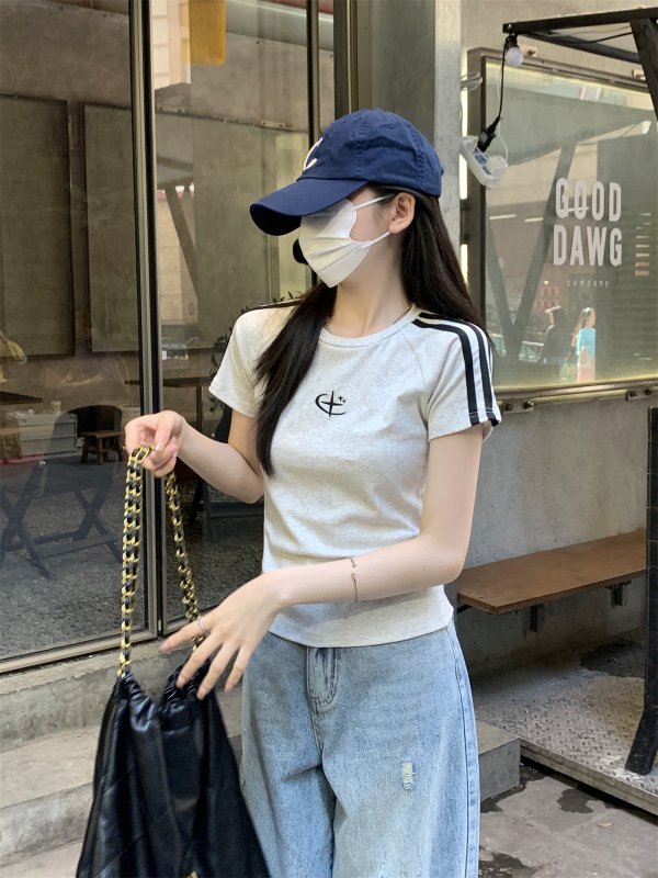 Vapetix S-L Real shot of summer Korean style round neck raglan hot girl bar embroidery design pure cotton short – Bild 4