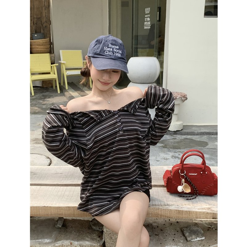 Vapetix S-XL Authentic tie-up striped off-shoulder long sleeve slimming loose-fitting T-shirt with a stylish one – Bild 3