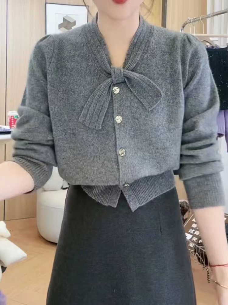 Vapetix Free Size-Free Size Women's Spring and Autumn 2025 New Lazy Style Grey Bow Knit Cardigan Short-sleeved Atmospheric Top – Bild 4