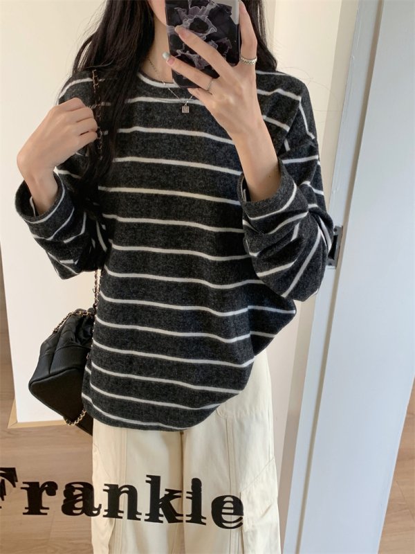 Vapetix S-XL Real shot Real price Striped long-sleeved T-shirt with women's lazy style loose thickened base shir – Bild 3