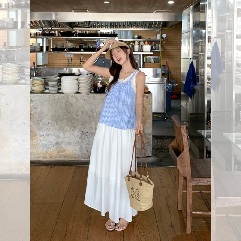 Vapetix S-L Actual shot 2025 seaside outfit blue checkered tank top women's summer two-piece sleeveless outerwe - 图片 5