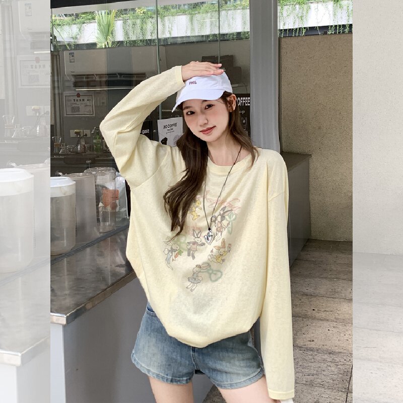 Vapetix Free Size-Free Size Photographed yellow round neck cartoon sun protection jacket t-shirt long sleeve women's summer new – Bild 4