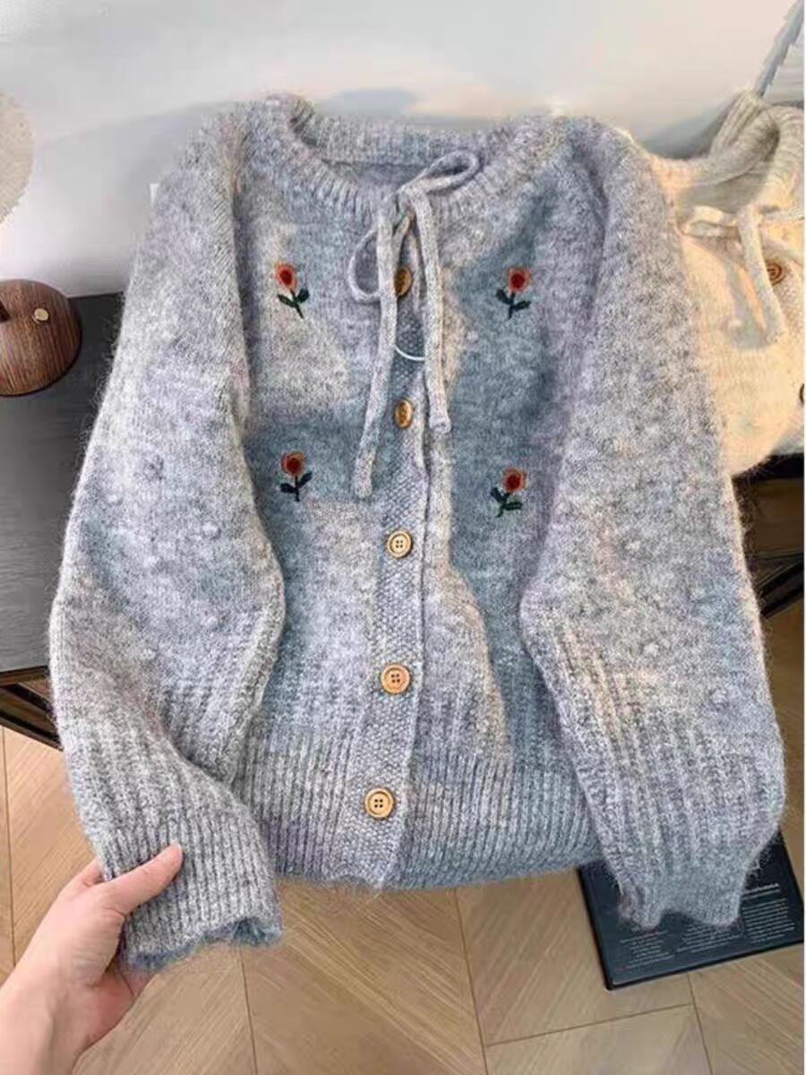 Vapetix Free Size-Free Size Korean-style sweet, loose, soft, and gentle sweater cardigan for women—2025 winter round-neck knitt – Bild 2