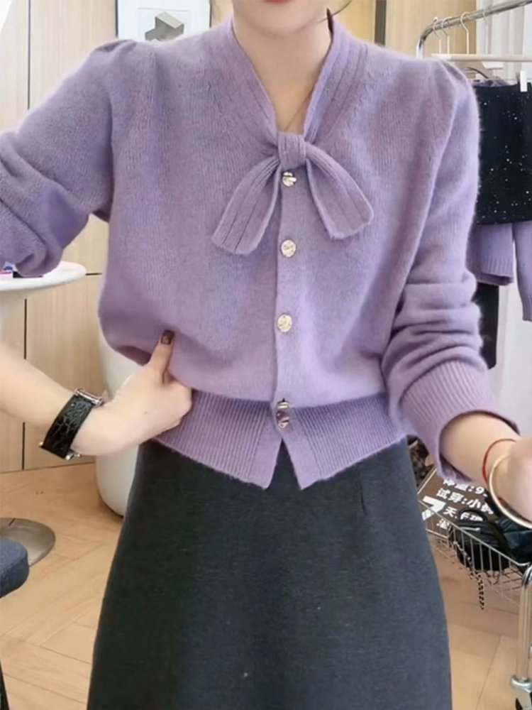 Vapetix Free Size-Free Size Women's Spring and Autumn 2025 New Lazy Style Grey Bow Knit Cardigan Short-sleeved Atmospheric Top – Bild 5