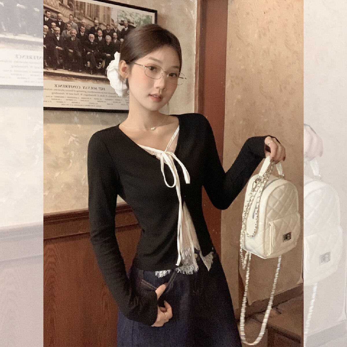 Vapetix S-L Real shot black lace spliced strap faux two-piece contrasting color t-shirt women's autumn slimming – Bild 6