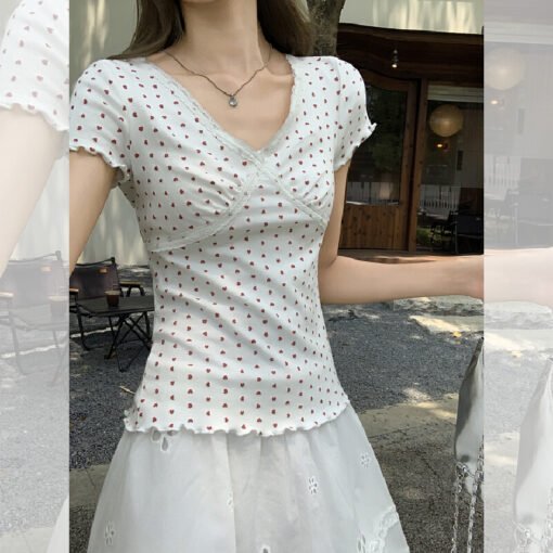 Vapetix S-L  Real-shot Korean-style sweet and spicy outfit with lace-trimmed polka dot short-sleeved T-shirt for – Bild 6