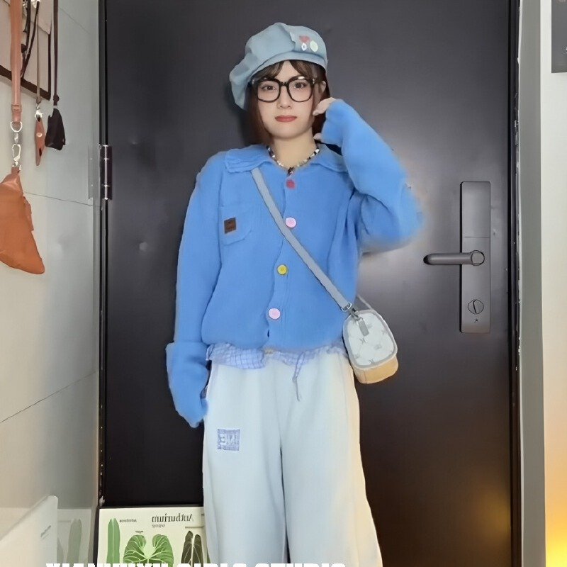 Vapetix Free Size-Free Size Korean-style early autumn atmosphere wear green lapel button knitted cardigan women's loose outerwe – Bild 5